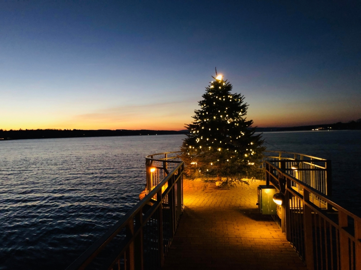 christmas tree with lights at the end of a pier at night