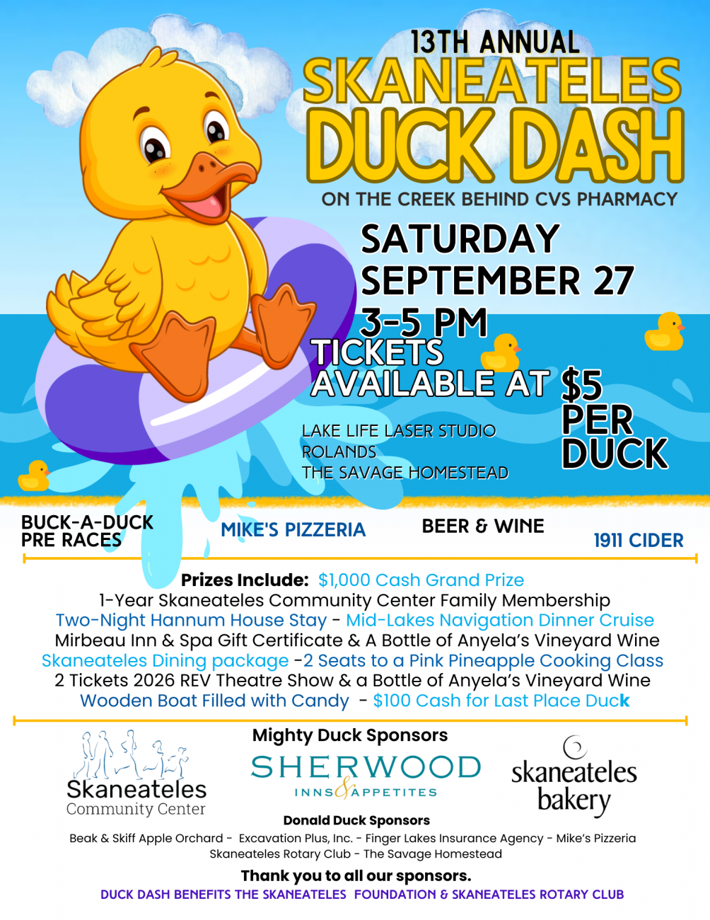 Duck Dash Poster A blue and yellow poster featuring a duck and listing details for the Skaneateles Duck Dash event in 2025